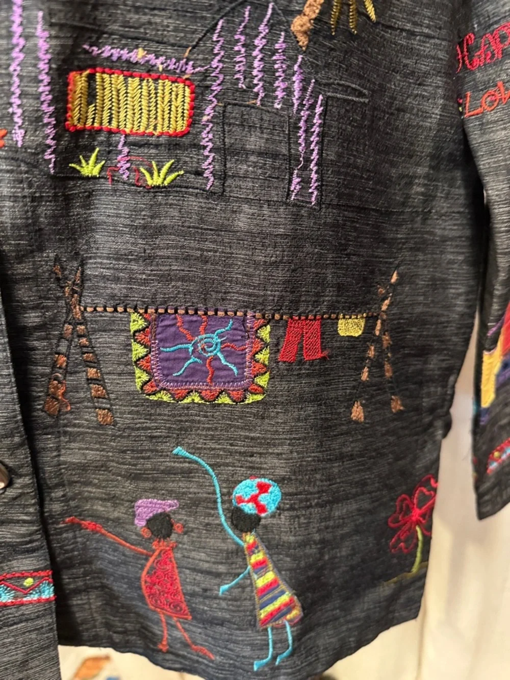 Chico’s Embroidered Art Jacket Size 0 Silk Blend Whimsical Village Button Front - Picture 3 of 14